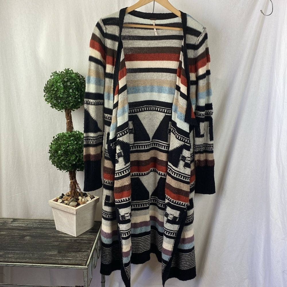 Free People Multi Color Aztec Tribal Print Knit Open Front Duster Sweater M - Picture 2 of 8